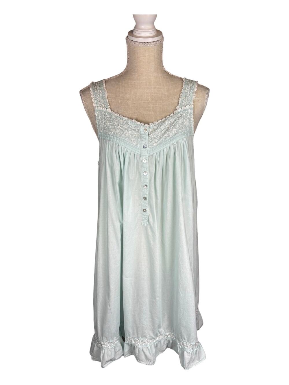Eileen West Sleeveless Cotton Nightgown Women's Med Mint Green Ruffle Embroidery